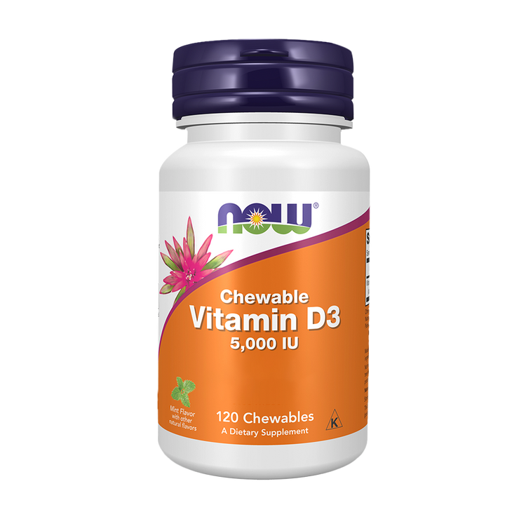 Vitamina D3 5000 UI Masticable Sabor Menta - 120 pastillas - Now - Imagen 1