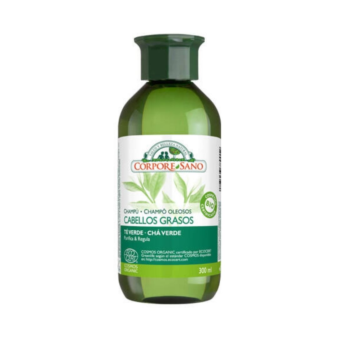 Champo-Cabelos-Oleosos-Cha-Verde-Bio-Vegan-300ml-Corpore-Sano.jpg Organic Vegan Green Tea Shampoo for Oily Hair 300ml - Corpore Sano - Image 1
